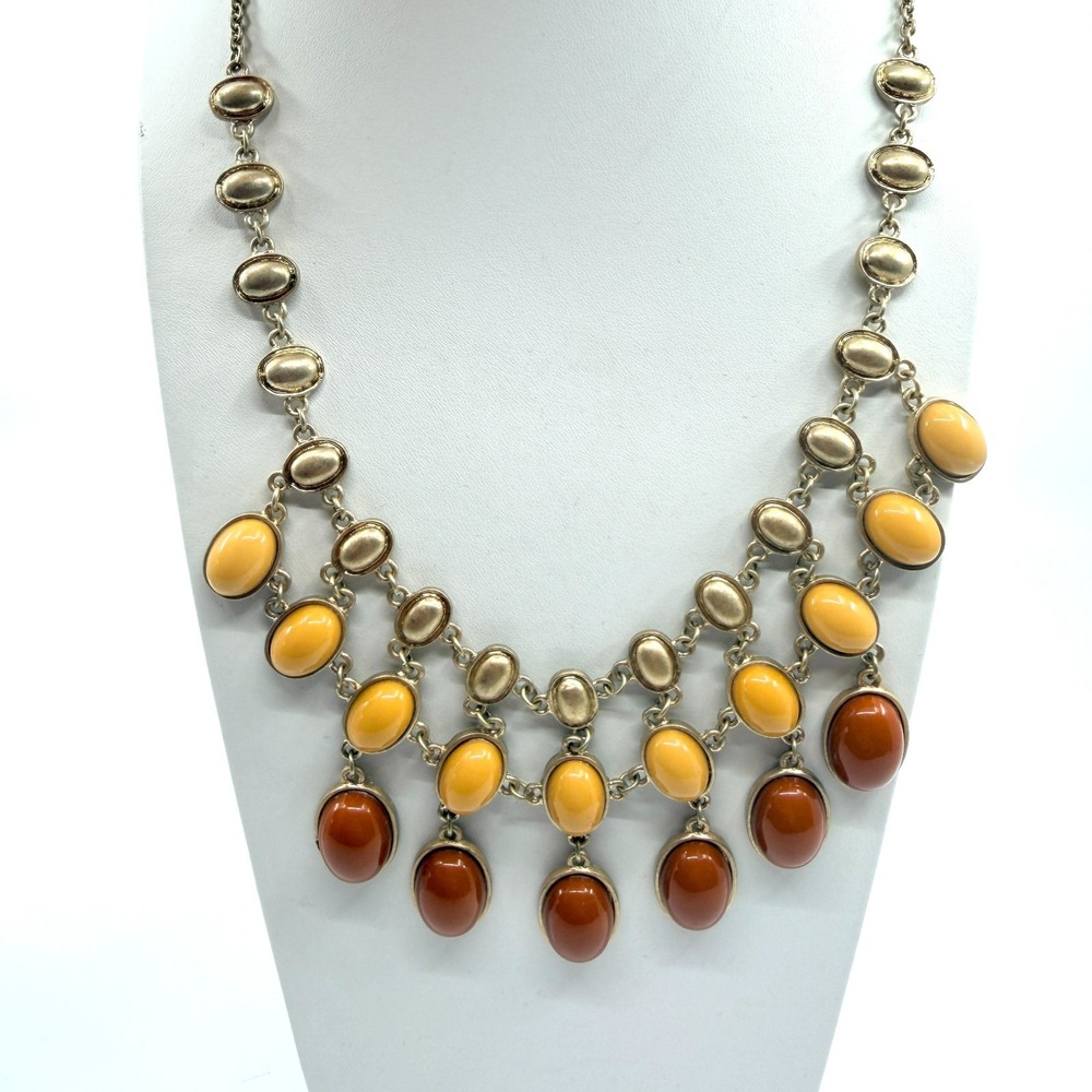 Vintage Amber & Yellow Cabochon Gold Tone Layered Bib Necklace